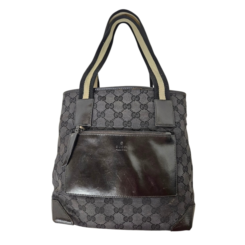 Gucci Gg Monogram Tote Bag In Black And Tan Nylon With Leather Accents